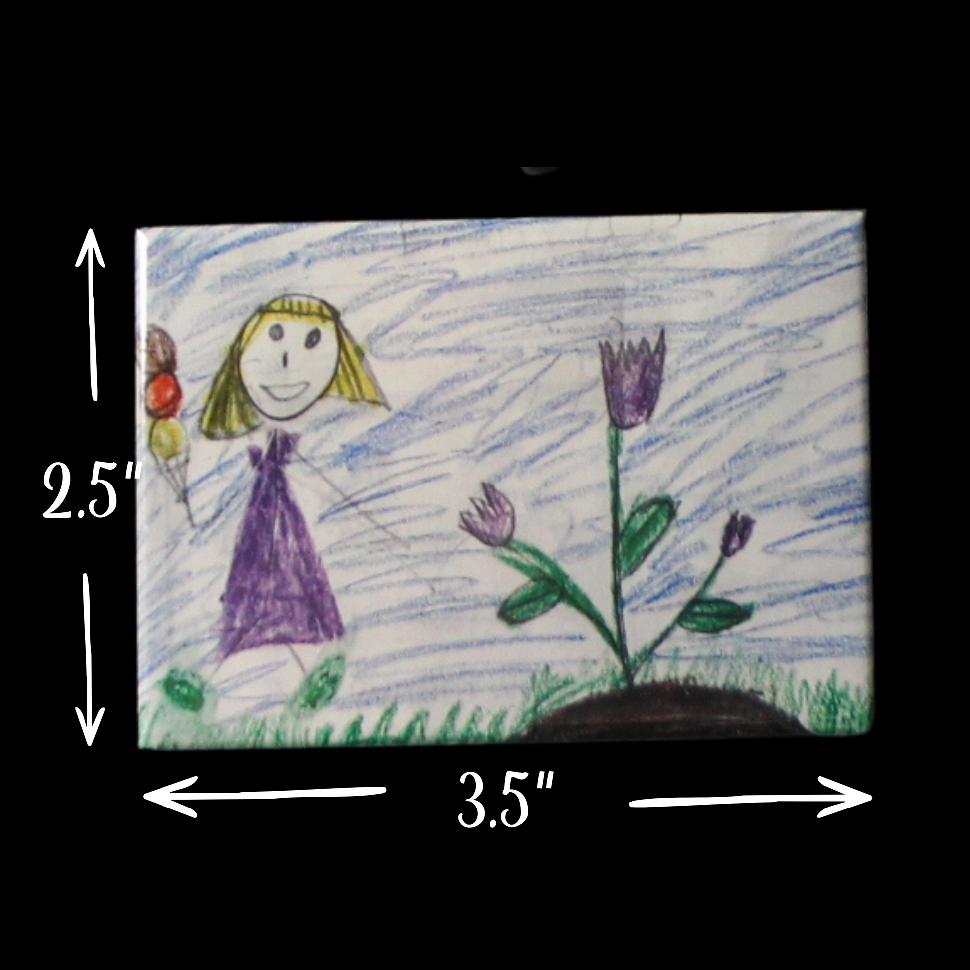 Child's drawing of a girl with flowers, measured dimensions on a black background