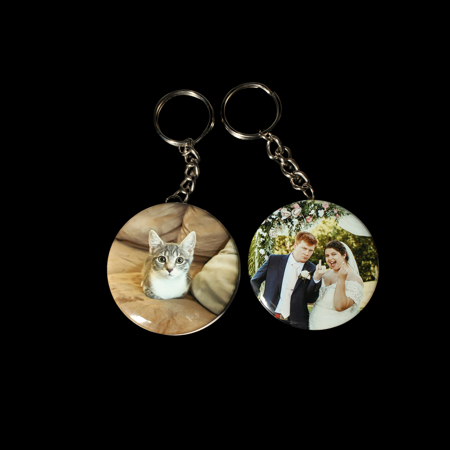 Custom Photo Keychains showing a couple at a wedding and a cute cat