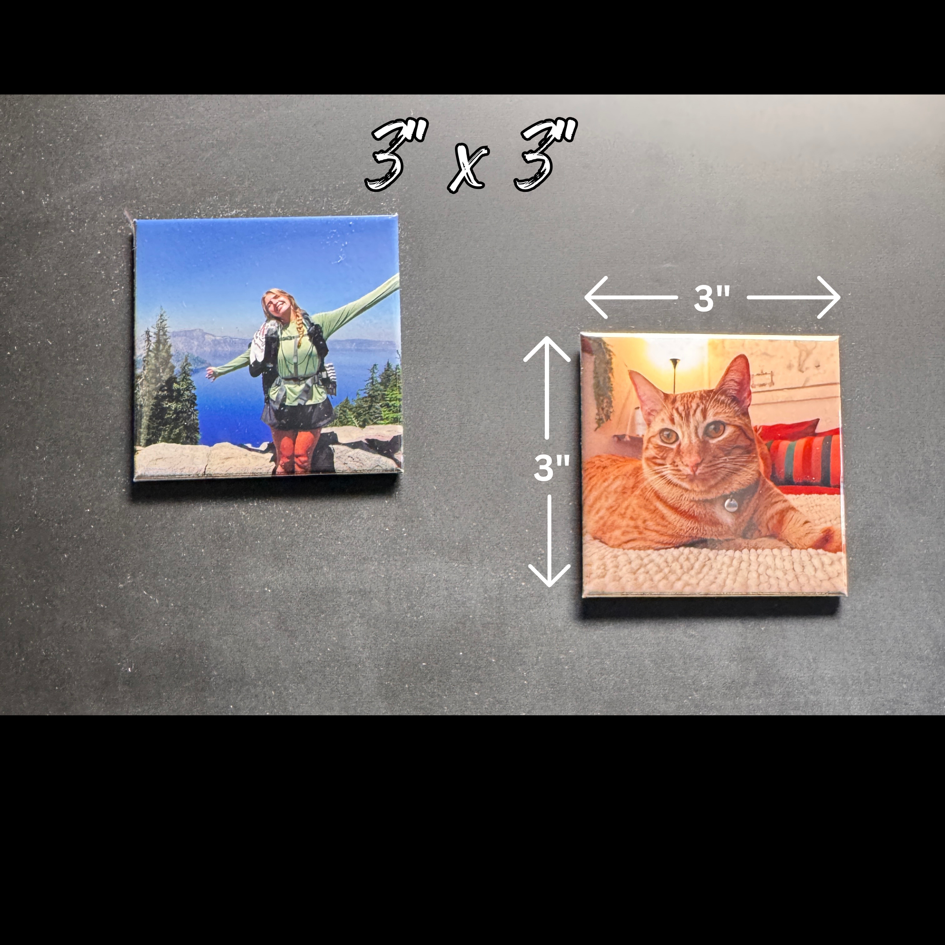 Two square magnet photos of young lady in the outdoors and a cat with dimensions labeled 3" x 3"' on a gray background