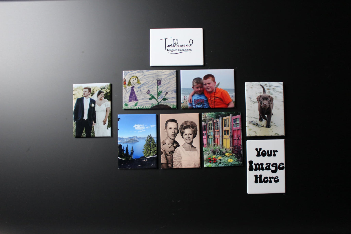 Collection of custom photo magnets showing family photos, pets, kids drawings, and outdoor photos on a black surface with 'Framed Memories' branding.