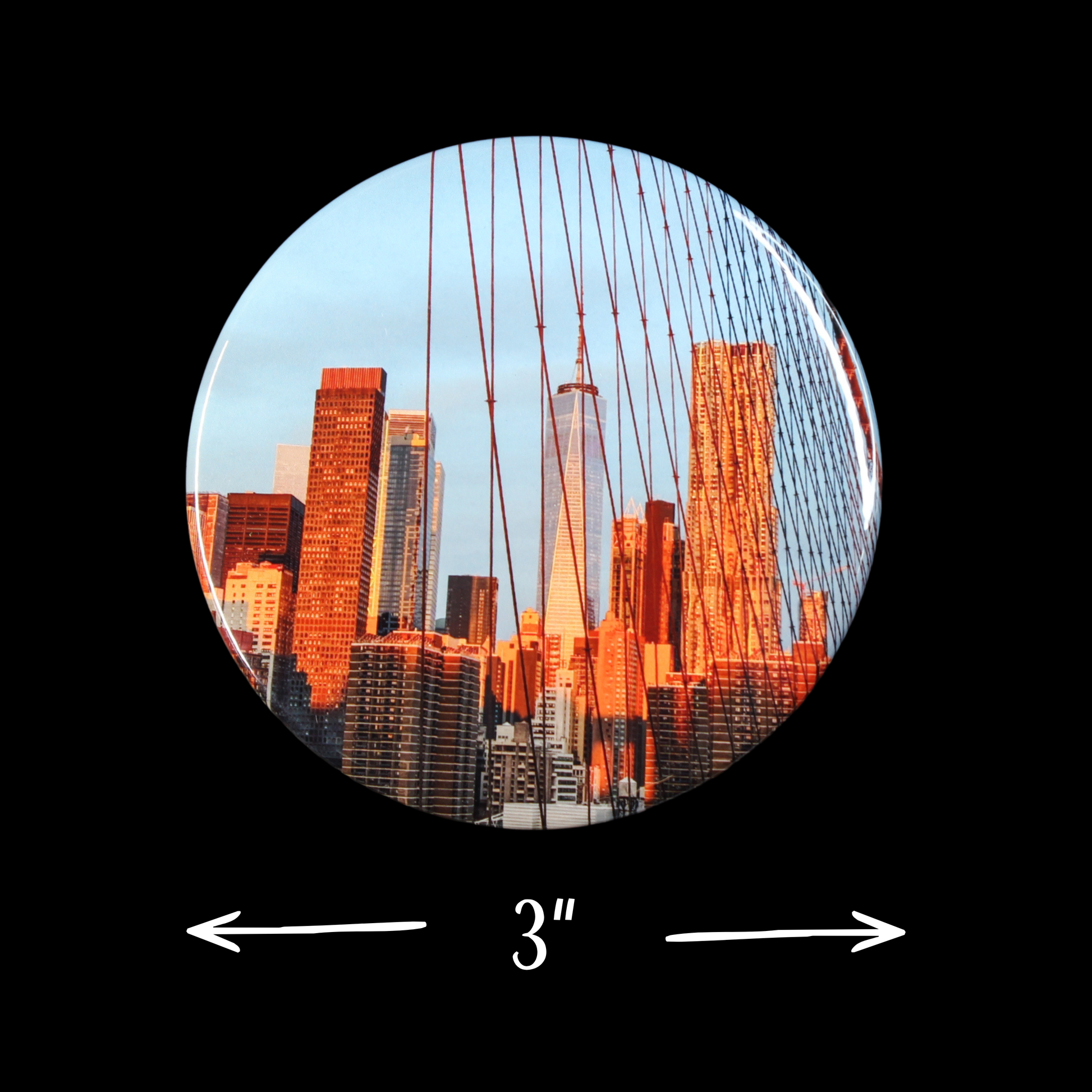 Circular image of a city skyline with dimensions indicating it is 3 inches in diameter.