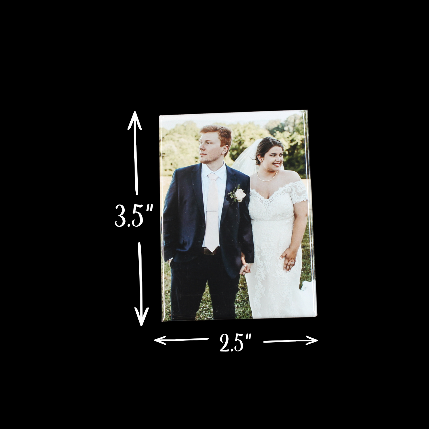 Measurement chart showing a wedding photo of a couple holding hands with dimensions 3.5" x 2.5".